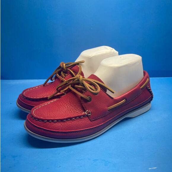 Clarks cherry Red Leather Moccasin Flat Driving Shoe Sz 7.5 Tie Front Comfort - Picture 1 of 11